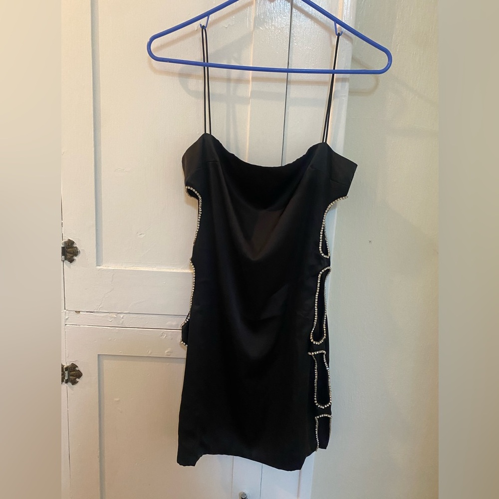 Black satin mini dress with cut out sides